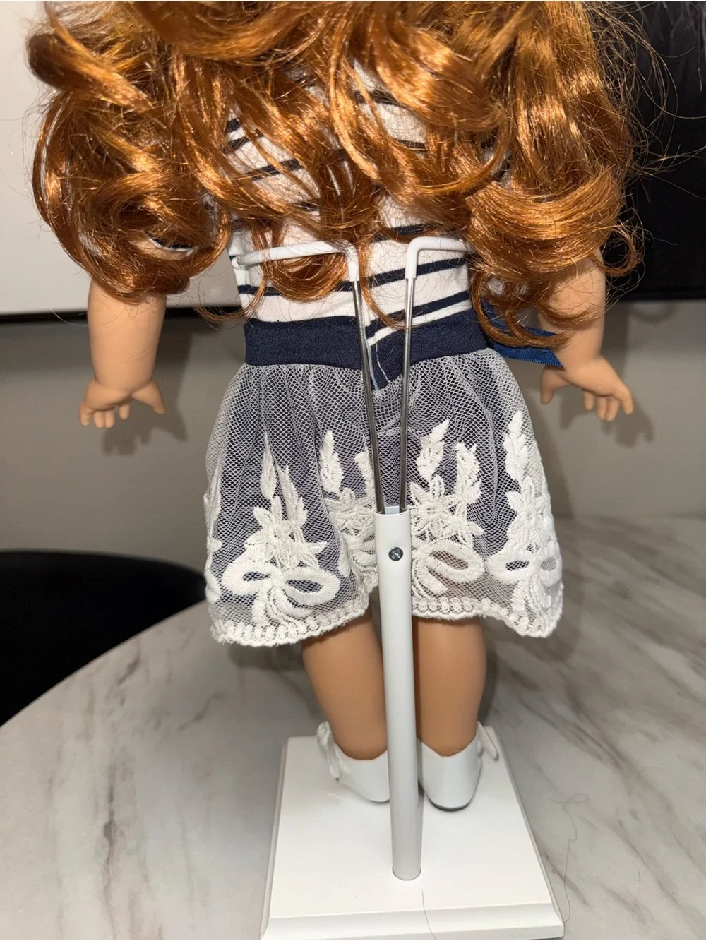 18” dolls white navy blue striped dress lace embroidered skirt Mary Jane’s